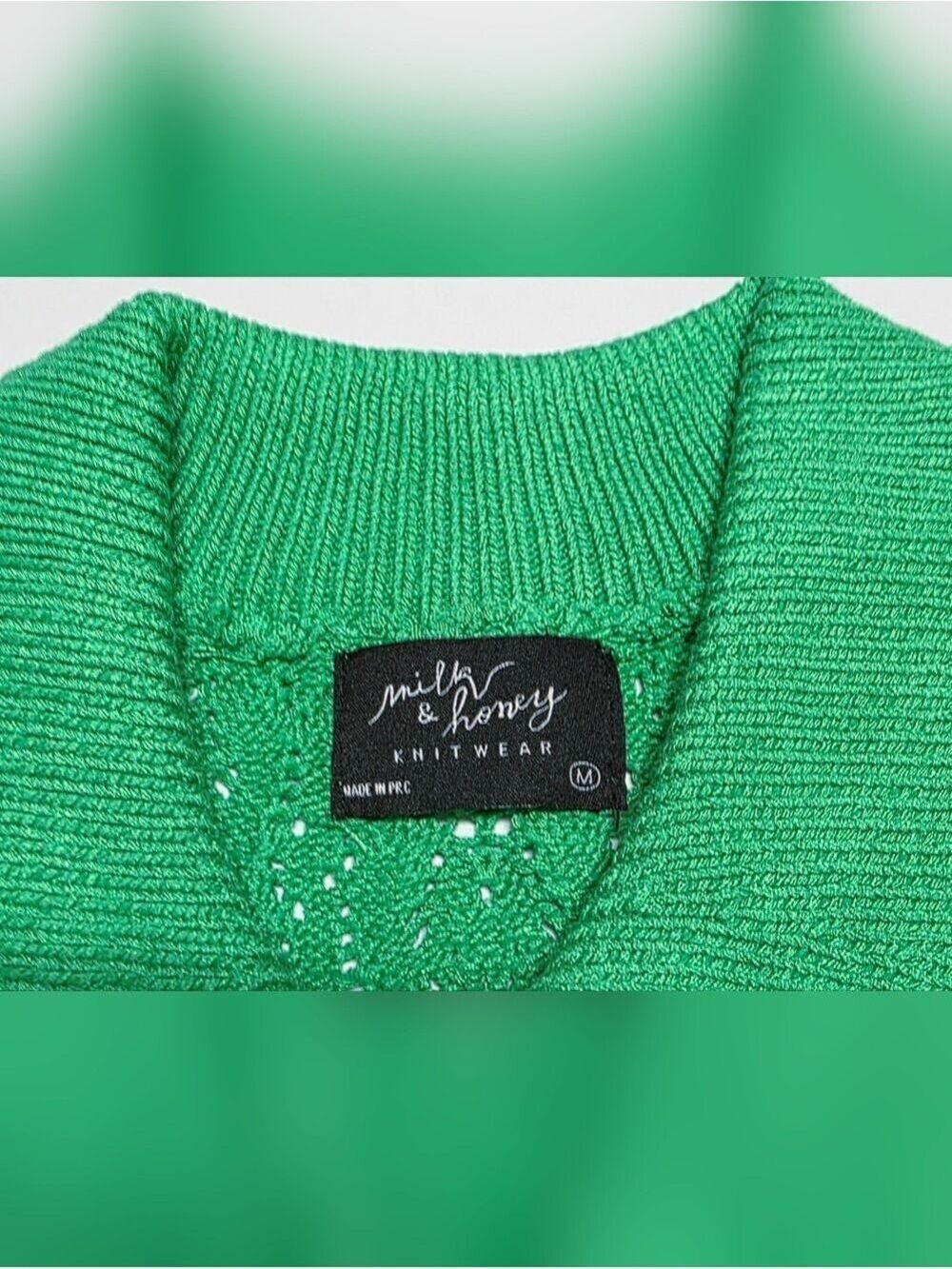Milk & Honey Green Open Knit Button Front Collared Top Medium New With Tag - Picture 5 of 9